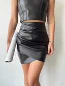 Drapeli deri etek siyah w26771 - 1