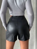 Parçalı cepli deri şort siyah w26312 thumbnail 7