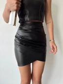 Drapeli deri etek siyah w26771 - 2