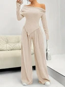 Kadın Uzun Kollu Omuzlardan Açık Asimetrik Kesim Kaşkorse Bluz Ve Pantolon Ikili Pantolon thumbnail 2