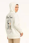 Kadın Üç İplik Kapşonlu ön ve Arka Baskılı SweatShirt hoodie- Beyaz thumbnail 1
