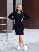 Kadın Uzun Kollu V Yaka Kol Ağzı Ve Yaka Ribana Detaylı Iki Iplik Mini Boy Elbise thumbnail 6