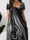 Kadın Kısa Kollu Yuvarlak Yaka Cepli Salaş Baskılı Süprem Elbise thumbnail 3