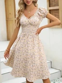 Kadın Kısa Kollu Kruvaze Yaka Lastikli Belden Gipeli çiçek Desenli Suprem Elbise thumbnail 7