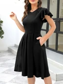 Kadın Kelebek Kollu Bisiklet Yakalı Pileli Ithal Krep Elbise thumbnail 2