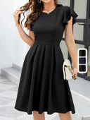 Kadın Kelebek Kollu Bisiklet Yakalı Pileli Ithal Krep Elbise thumbnail 4