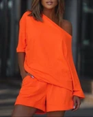 Kadın Kayık Yaka Salaş Iki Iplik Bluz Ve şort Ikili Takım thumbnail 3