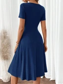 Kadın Kısa Kollu V Yakalı önden Düğmeli A Kesim Dokuma Elbise thumbnail 4