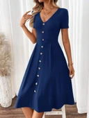 Kadın Kısa Kollu V Yakalı önden Düğmeli A Kesim Dokuma Elbise thumbnail 1
