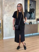 Kadın Kısa Kollu Bisiklet Yakalı Cepli önden Yırtmaçlı Viskon Iki Iplik Midi Elbise thumbnail 1