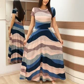 Kadın Kısa Kollu Bisiklet Yaka Puantiyeli Maksi örme Krep Elbise thumbnail 1