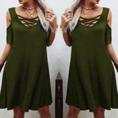 Dekolteli Bağcık Detay Viskon Kumaş Elbise thumbnail 2