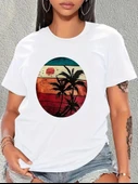 Kadın Kısa Kollu Palmiye Baskılı Viskon T-shirt thumbnail 2