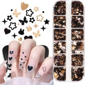 Siyah ve Gold Tırnak Süsleme Folyo Pulları Karışık Dizayn Kelebek Kalp Tavşan Yıldızlar Nail Art thumbnail 2