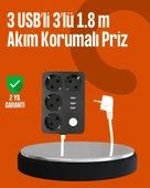 Akım Korumalı 3 USB Portlu 4’lü Priz 4.1A Hızlı Şarj thumbnail 1