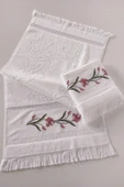 Sevim 2'li Kanaviçe Gül Nakışlı Jakarlı Kadife El Yüz Havlusu - 50x90 Cm thumbnail 5