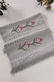 Sevim 2'li Kanaviçe Gül Nakışlı Jakarlı Kadife El Yüz Havlusu - 50x90 Cm thumbnail 3