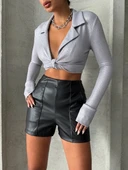 Parçalı cepli deri şort siyah w26312 thumbnail 5