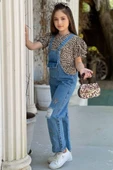Kız Çocuk Leopar Desenli Balon Kollu Bluz Yıldız Baskılı Yırtık Detaylı Kot Tulum thumbnail 3