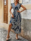 Kadın Kısa Kollu Kruvaze Yakalı Fırfırlı Süprem Elbise thumbnail 2