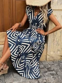 Kadın Kısa Kollu Kruvaze Yakalı Fırfırlı Süprem Elbise thumbnail 5