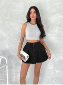 Şık Pileli Yazlık Mini Etekli Kot- Siyah - 1