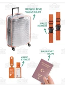 Şeffaf Valiz Kılıfı Seti (Valiz Kılıfı-Valiz Kemeri-Valiz Etiketi-Pasaport Kılıfı) Turuncu Biyeli - 1