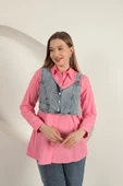 Poplin Kumaş Yelek Detaylı Pembe Kadın Gömlek - 1