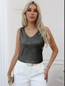 Pul Payetli Sıfır Kol Bluz -Siyah thumbnail 5