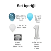 Okyanus Temalı Doğum Günü Seti Krom Mavi Açık Mavi Beyaz Balonlar Gümüş Folyo Rakam - 2