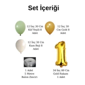 Küf Yeşili Temalı Doğum Günü Seti Metalik Gold Kum Beji Küf Yeşili Balonlar Gold Folyo Rakam - 2