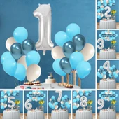 Okyanus Temalı Doğum Günü Seti Krom Mavi Açık Mavi Beyaz Balonlar Gümüş Folyo Rakam - 1