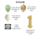 Retro Küf Yeşili Krom Gold Kum Beji Balon Seti Gold Rakam Doğum Günü Balonu Şık Parti Süsleme - 2