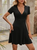 Kadın Kısa Kollu Kruvaze Yaka A Kesim Kalın Fitilli Kaşkorse Elbise thumbnail 5