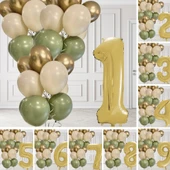 Retro Küf Yeşili Krom Gold Kum Beji Balon Seti Gold Rakam Doğum Günü Balonu Şık Parti Süsleme - 1