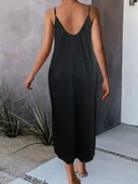 Kadın Ip Askılı Geniş V Yakalı Viskon Elbise thumbnail 2