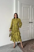 Yağ Yeşili Valonlu Şeritli Kat Kat Elbise thumbnail 2
