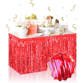 Kendinden Yapışkanlı Kırmızı Metalize Püsküllü Masa Eteği – 75 X 275 Cm Parti Süslemesi - 1