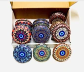 Otantik Mandala Tasarımlı Nazar Boncuklu Büyüteçli Kozmetik Yuvarlak Cep Çanta Aynası Kapaklı El Makyaj Aynası 7CM - 3