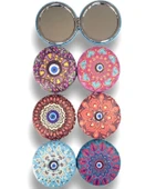 Otantik Mandala Tasarımlı Nazar Boncuklu Büyüteçli Kozmetik Yuvarlak Cep Çanta Aynası Kapaklı El Makyaj Aynası 7CM - 1