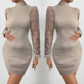 Kadın Uzun Kollu Kollar Tül Detay Triko Mini Boy Elbise thumbnail 3