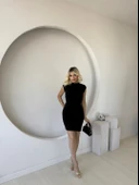 Kadın Kısa Kap Kollu Bisiklet Yaka Belden Bağlamalı Modal Mini Elbise thumbnail 3