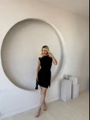 Kadın Kısa Kap Kollu Bisiklet Yaka Belden Bağlamalı Modal Mini Elbise thumbnail 2