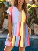 Kadın Kısa Kollu V Yakalı şerit Desenli Süprem Elbise thumbnail 3