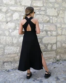 Kadın Arkadan çapraz Detay Yuvarlak Yaka Maksi Viskon Elbise thumbnail 4