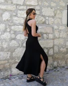 Kadın Arkadan çapraz Detay Yuvarlak Yaka Maksi Viskon Elbise thumbnail 5