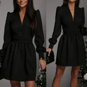 Kadın Uzun Kollu V Yaka Belden Hafif Pileli Scuba Krep Mini Boy Elbise thumbnail 4