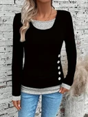 Kadın Uzun Kollu Yuvarlak Yaka Blok Renkli Yandan Düğmeli Viskon Bluz thumbnail 3