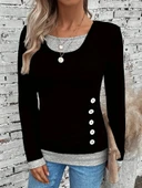 Kadın Uzun Kollu Yuvarlak Yaka Blok Renkli Yandan Düğmeli Viskon Bluz thumbnail 5