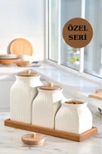 4'Lü Standlı Vakumlu Ahşap Kapaklı Beyaz Kavanoz Seti Takımı Baharat Çay Tuz Şeker Kahve Kavanozu - 1